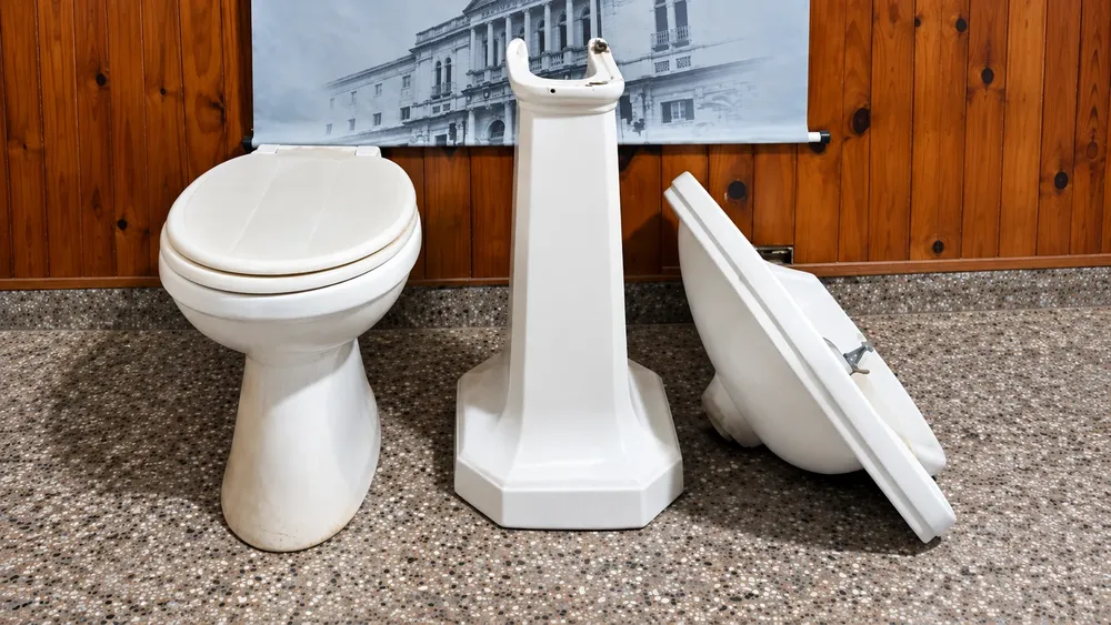 Exhibición de sanitarios sobre terrazo