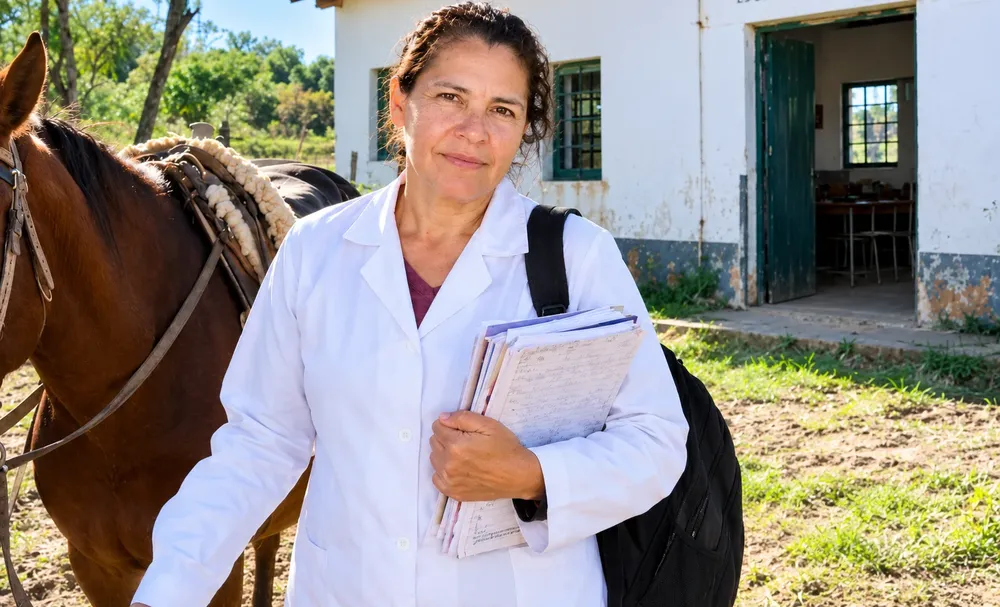 Retrato rural junto al caballo
